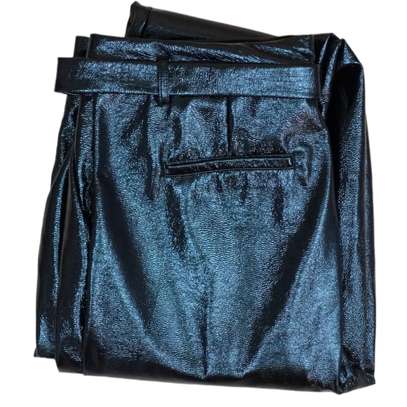 WHO WHAT WEAR Black High Tie Waist Textured Vinyl Straight Trouser Pants - 8 - Picture 8 of 16